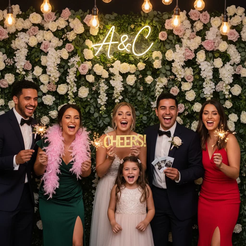 Guests posing in front of a floral wall