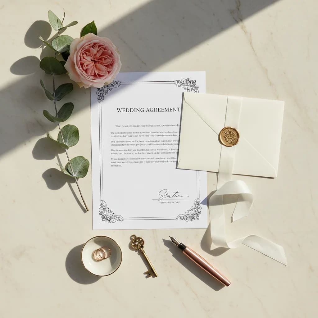 Wedding planning flat lay with stationery and rings