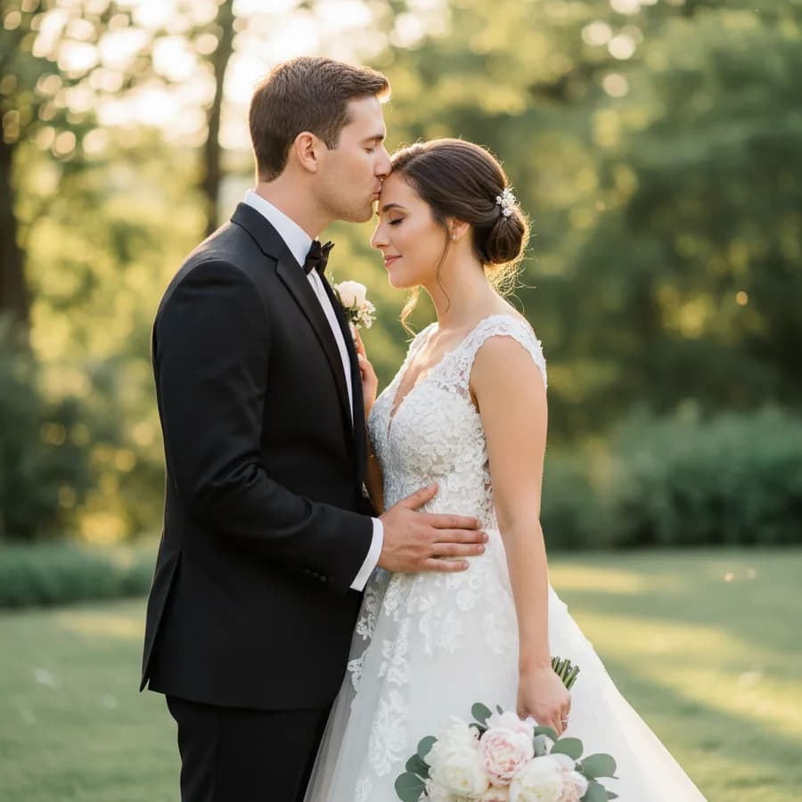 The Forehead Kiss — Groom gently kisses the bride's forehead while she closes her eyes and rests one hand on his chest. Both standing, bride angled 45 degrees toward camera. Bouquet held loosely at her side.