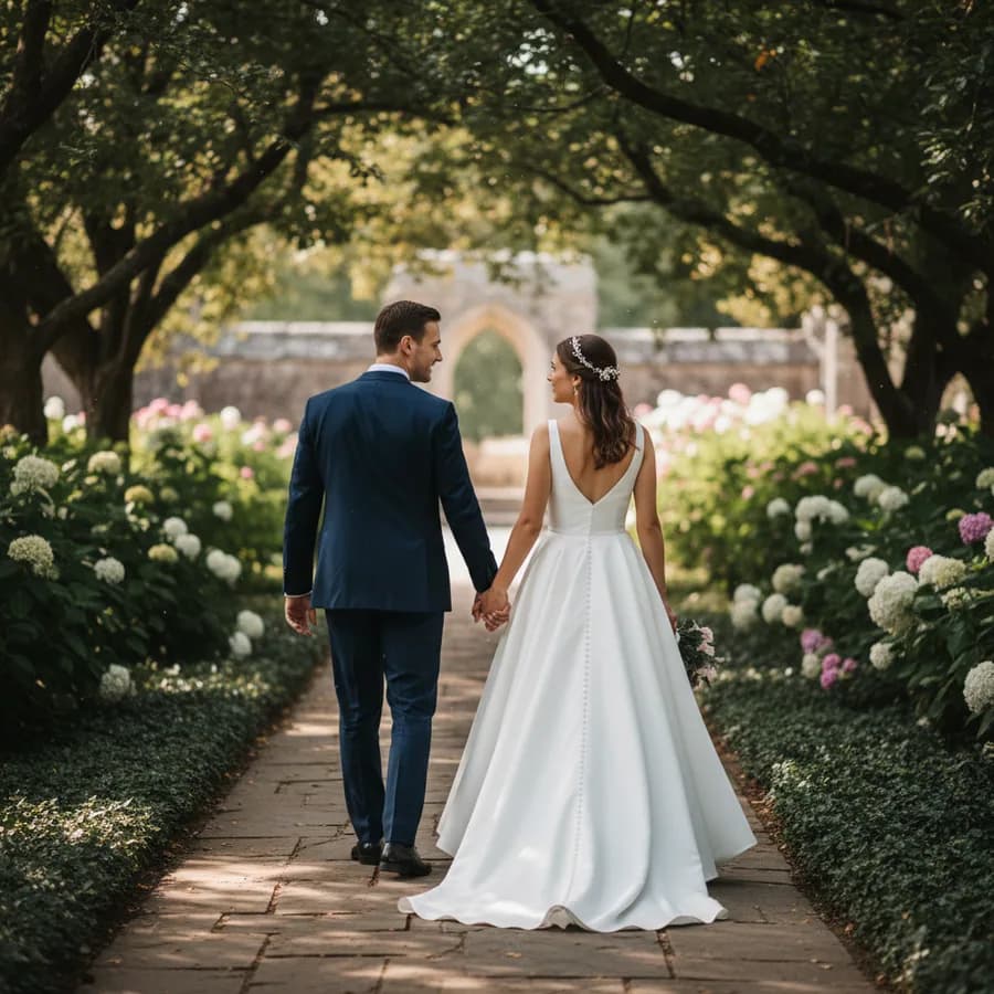 Walking Away Together — Couple walks away from camera down a path, holding hands with arms relaxed. Bride's dress trails behind her. Groom looks toward bride. Natural mid-stride movement.