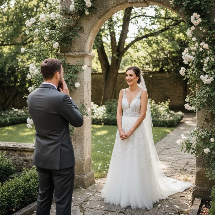 The First Look — Groom stands with back to camera. Bride approaches from behind and taps his shoulder. Capture the exact moment he turns around with eyes wide and mouth slightly open in awe. Bride beaming.