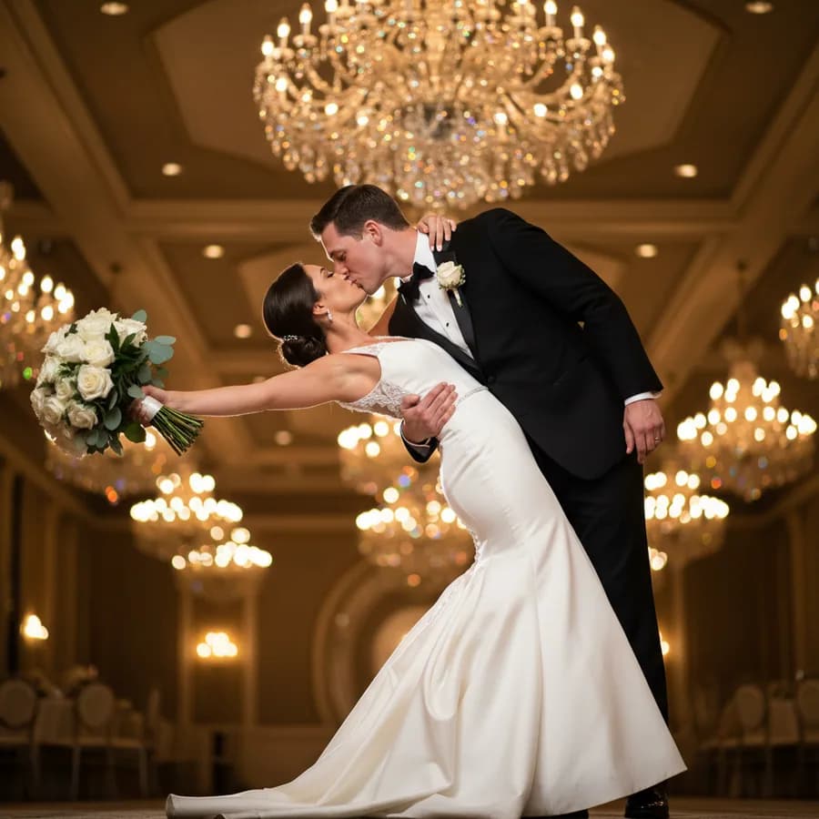 The Romantic Dip — Groom dips bride backward with one arm supporting her lower back, other hand holding hers. Bride arches back gracefully with free arm extended. Both share a kiss at the lowest point of the dip.