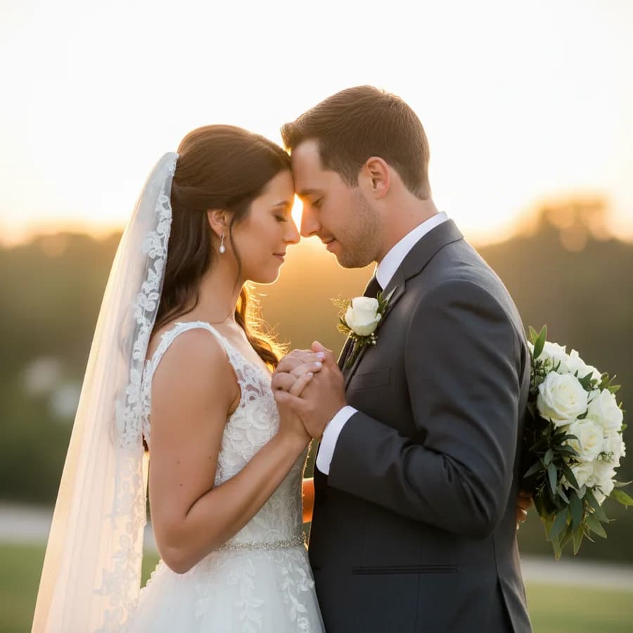 Foreheads Together — Couple stands chest to chest, foreheads gently touching, eyes closed. Bride holds bouquet behind groom's back. Both hands intertwined at their sides. Intimate and peaceful.