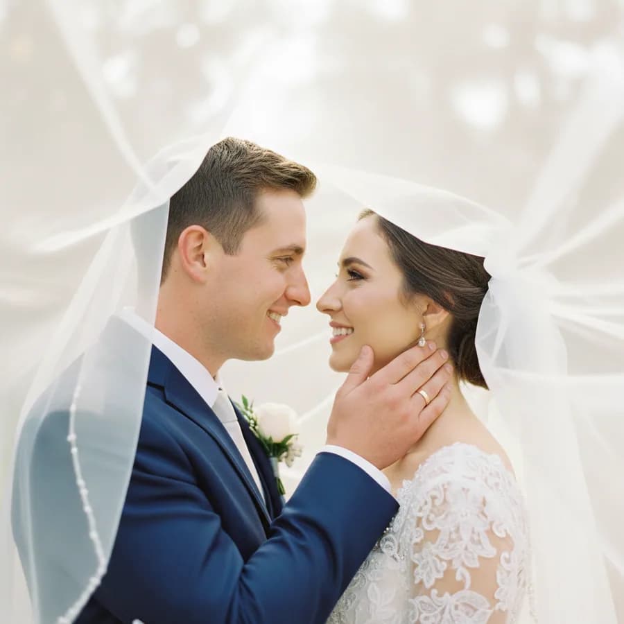 Under the Veil — Bride's cathedral veil is draped over both the couple's heads, creating a private cocoon. They look at each other and smile. Groom gently holds her chin. Shot through the sheer veil fabric.