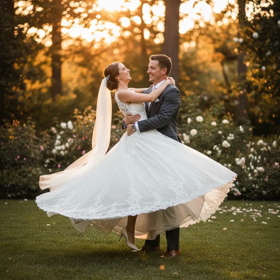 The Joyful Spin — Groom lifts bride off the ground by the waist and spins. Bride's legs bent at knees, head thrown back laughing, arms around his neck. Dress and veil flowing with motion.