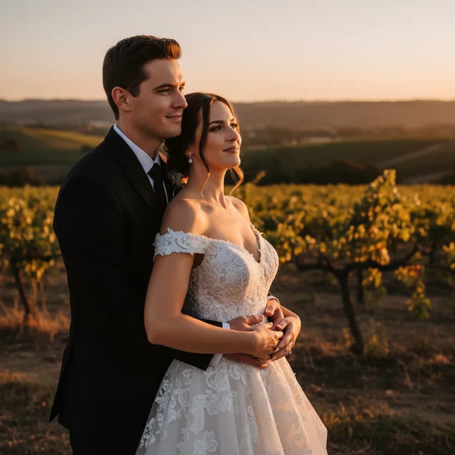 The Embrace from Behind — Groom stands behind bride, wrapping both arms around her waist. Bride places her hands over his and leans her head back against his shoulder. Both look toward the same direction with soft smiles.