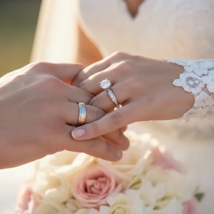 Showing the Rings — Bride and groom hold hands with fingers interlocked, showing their wedding rings to camera. Tight close-up on the hands only. Bouquet softly blurred in the background below.