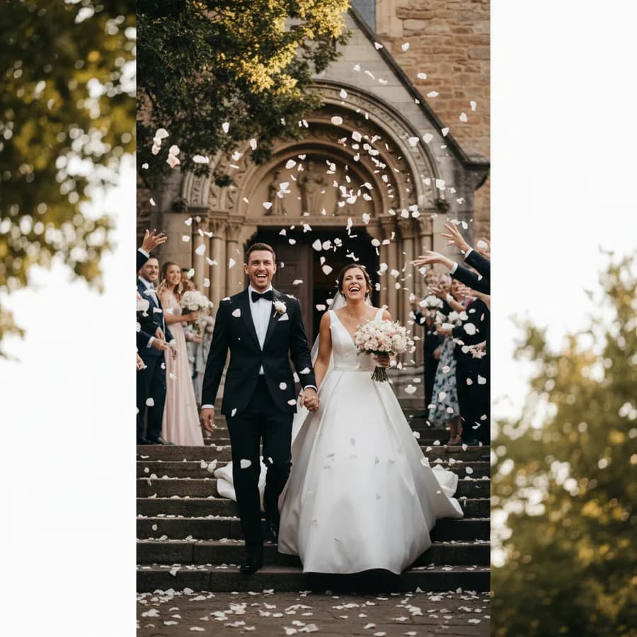 The Grand Exit — Couple walks quickly down the aisle or steps as guests throw rose petals or confetti from both sides. Groom holds bride's hand leading her, both laughing with mouths open. Petals mid-air.