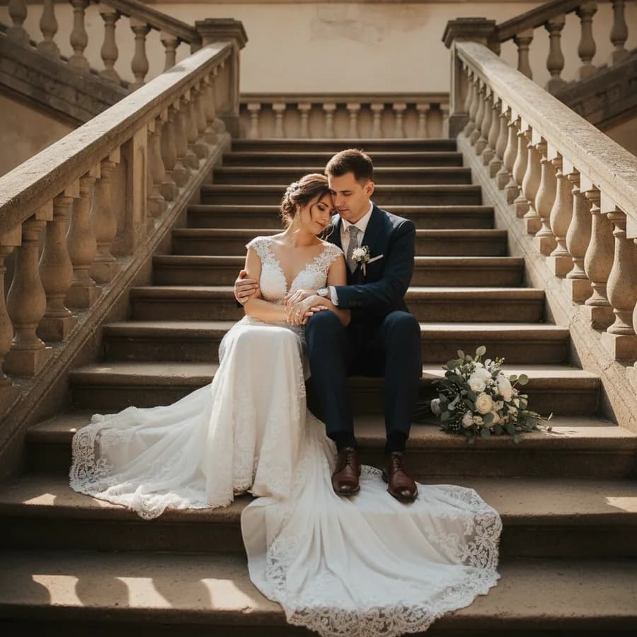 Seated on the Steps — Couple sits side by side on grand stone or wooden steps. Bride leans into groom's shoulder, dress cascading down the steps. Groom's arm around her. Bouquet placed naturally on steps beside them.