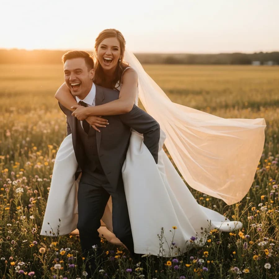 The Piggyback — Bride hops on groom's back for a piggyback ride. Both laughing hard. Bride's veil and dress flowing. Groom holds her legs securely. Shot from the side or slightly behind.