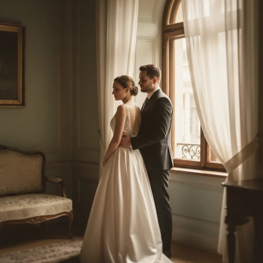 Window Light Portrait — Bride stands facing a large window. Groom stands behind her, looking over her shoulder toward the window light. Soft directional light illuminates both faces. Profile-to-three-quarter angle.