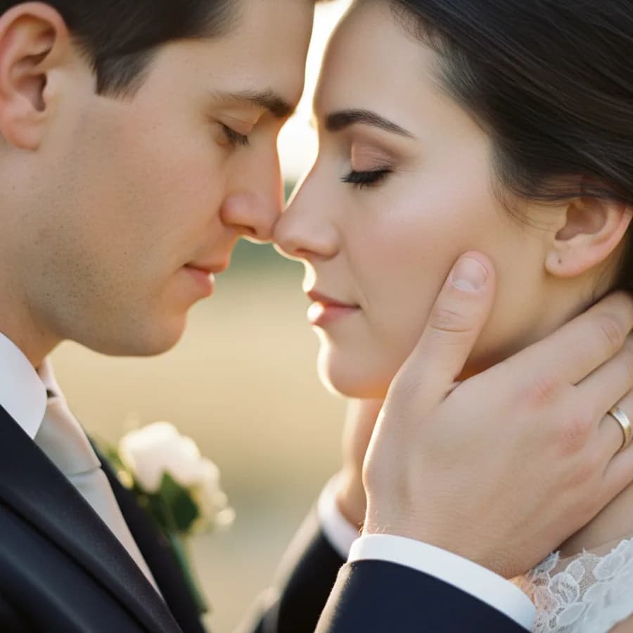 Nose to Nose — Couple brings their noses together, almost touching, eyes closed. A moment right before a kiss. Groom cups bride's face with one hand. Extreme close-up framing from nose to forehead.