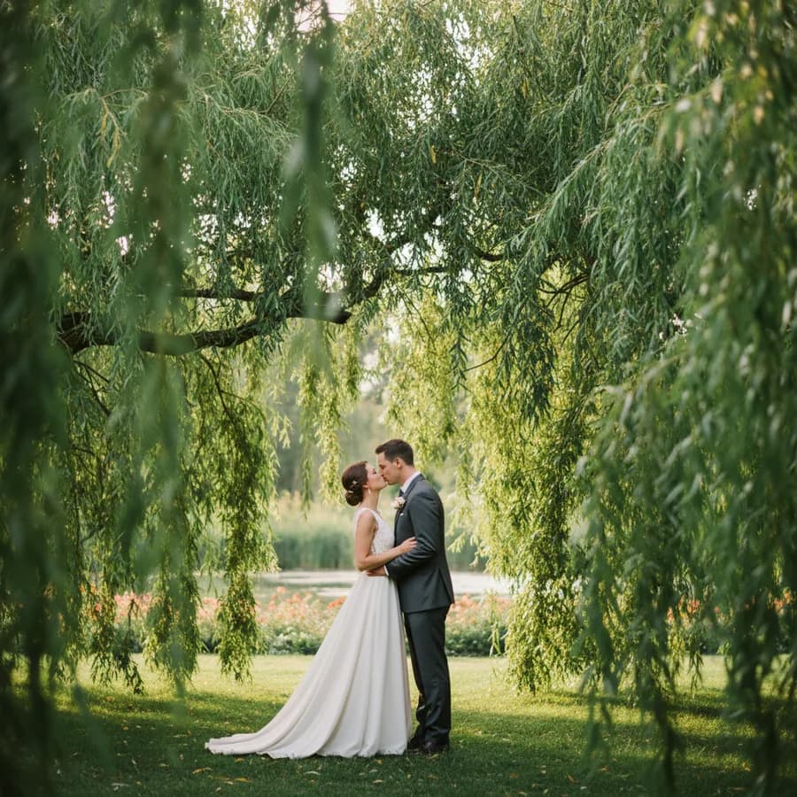 Framed by Nature — Couple kisses while framed by overhanging tree branches or a natural archway of foliage. They stand at center with branches creating a natural frame around them. Full-body shot.
