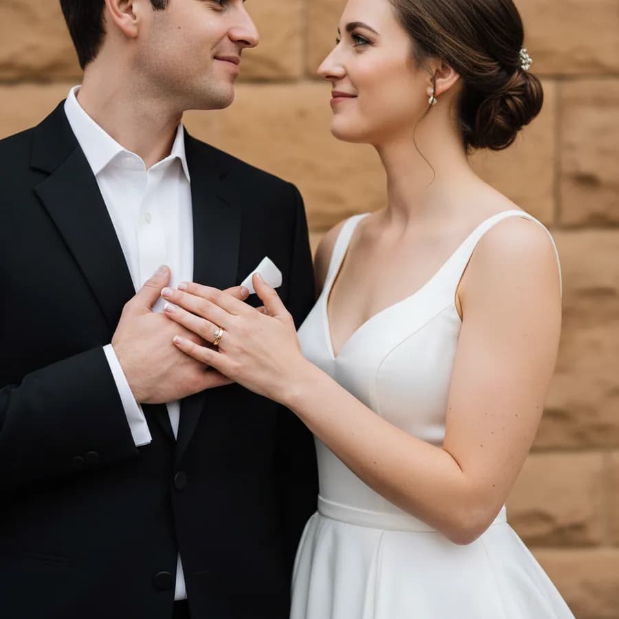 Hand on Heart — Facing camera together, bride places one hand flat on groom's chest over his heart. Groom places his hand over hers. They look at each other. Simple, elegant, symbolic.