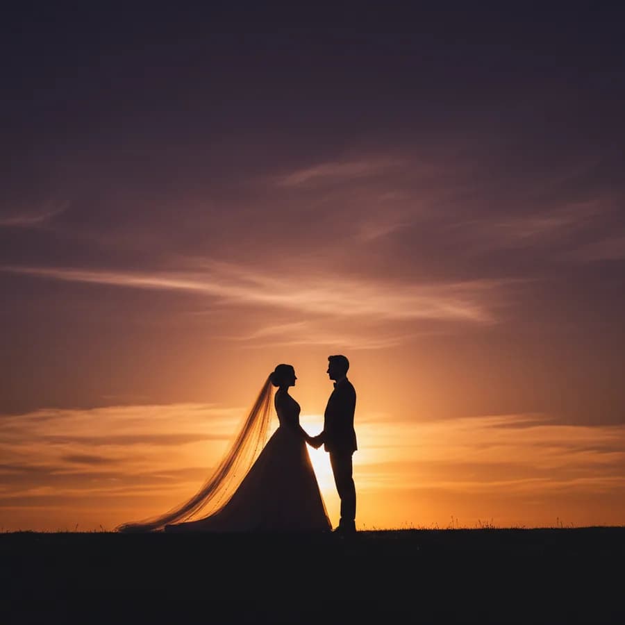Sunset Silhouette — Couple stands on a hilltop or beach at sunset, facing each other in perfect profile. Sky is vivid orange and purple. They are silhouetted -- dark outlines with dramatic sky behind. Holding both hands.