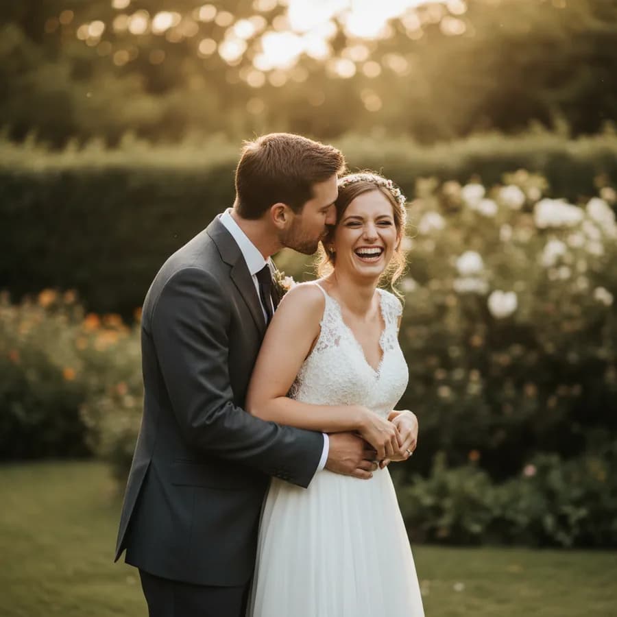 The Secret Whisper — Groom leans close and whispers in bride's ear. Bride laughs or smiles big with eyes crinkled. His lips near her ear, one arm around her waist. Authentic candid reaction.