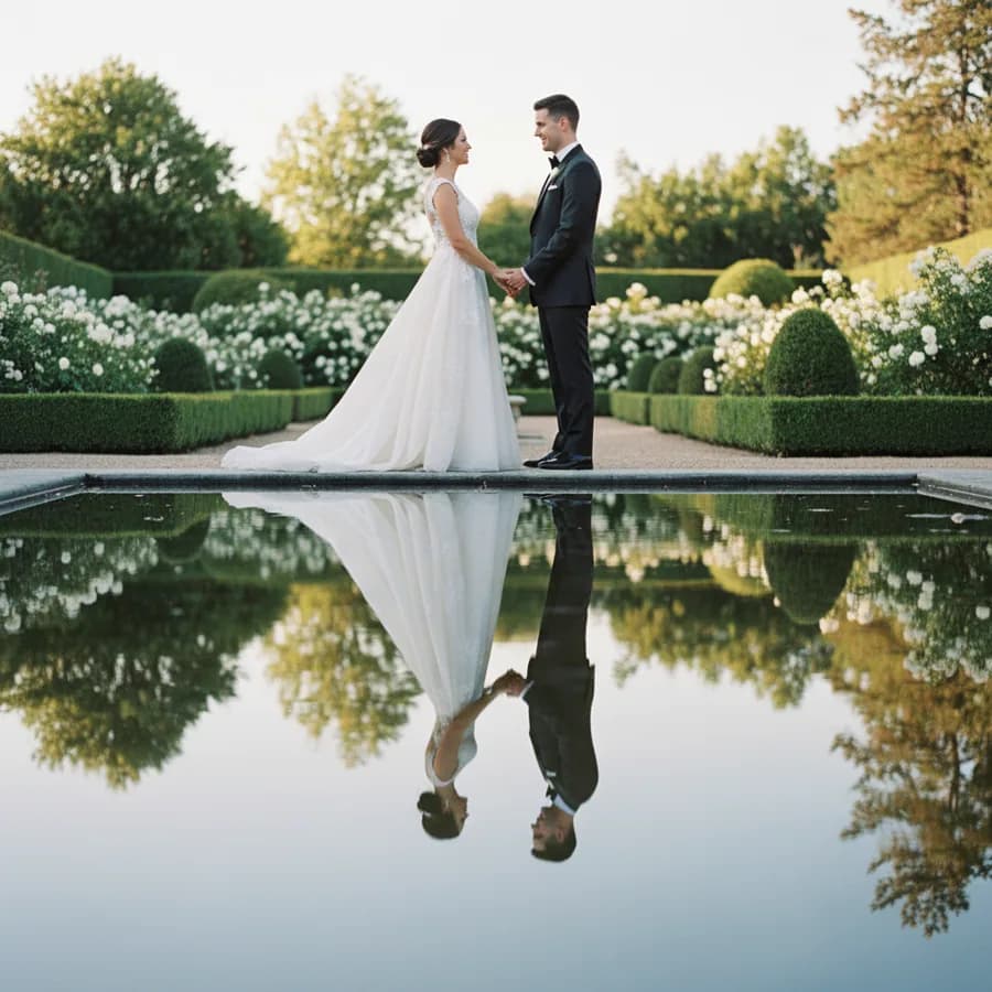 Reflection Pool — Couple stands near a reflecting pool, lake, or puddle after rain. Their full reflection is visible in the water below. They hold hands looking at each other. Shoot from a low angle to include the reflection.