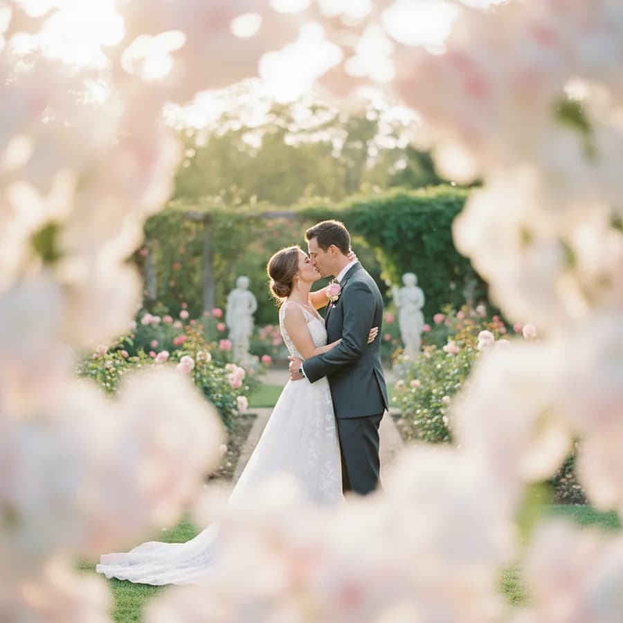 Through the Bouquet — Hold the bouquet close to the lens in the foreground, out of focus. Couple kisses in the background, sharply in focus, framed by the blurry flowers. Creative foreground bokeh technique.