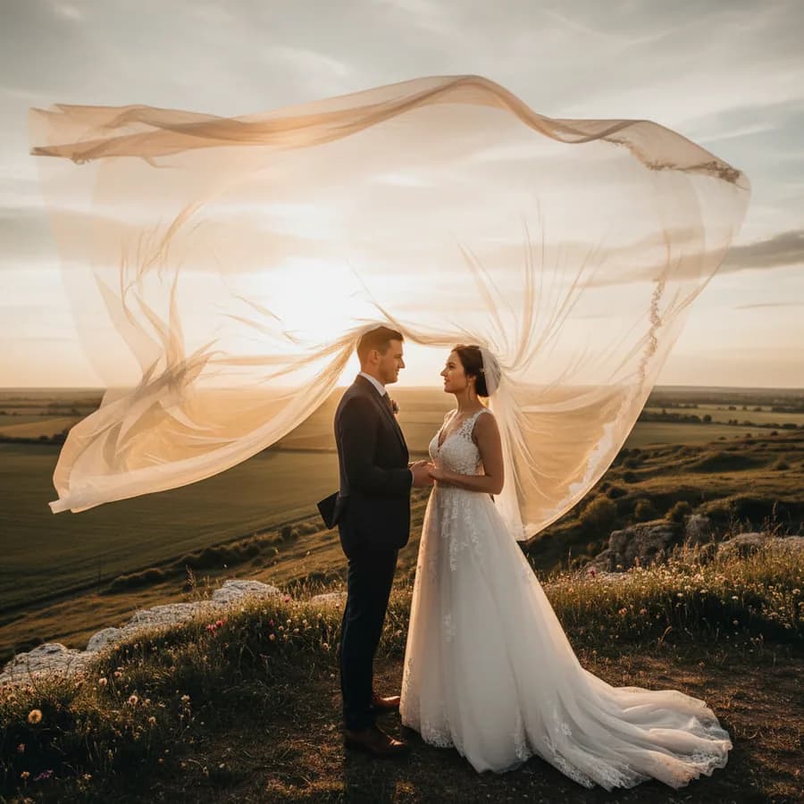 Veil in the Wind — Bride's long cathedral veil catches the wind and flows dramatically behind or beside her. Groom stands close, holding her hand. Veil fills a large portion of the frame. Shot from a lower angle.