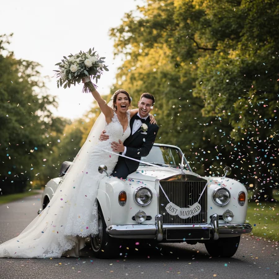 Vintage Car Send-Off — Couple climbs into or leans out of a classic vintage car. Bride lifts her dress getting in. Just Married sign visible. Both waving at camera with big smiles.