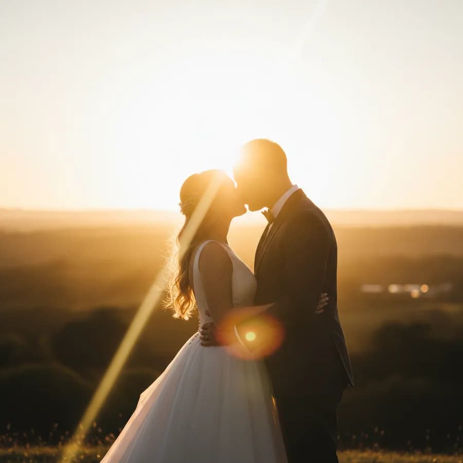 Backlit Kiss — Position the sun or a strong light source directly behind the couple. Shoot into the light for a dramatic rim-lit effect around their hair and shoulders. Couple shares a kiss. Lens flare welcome.