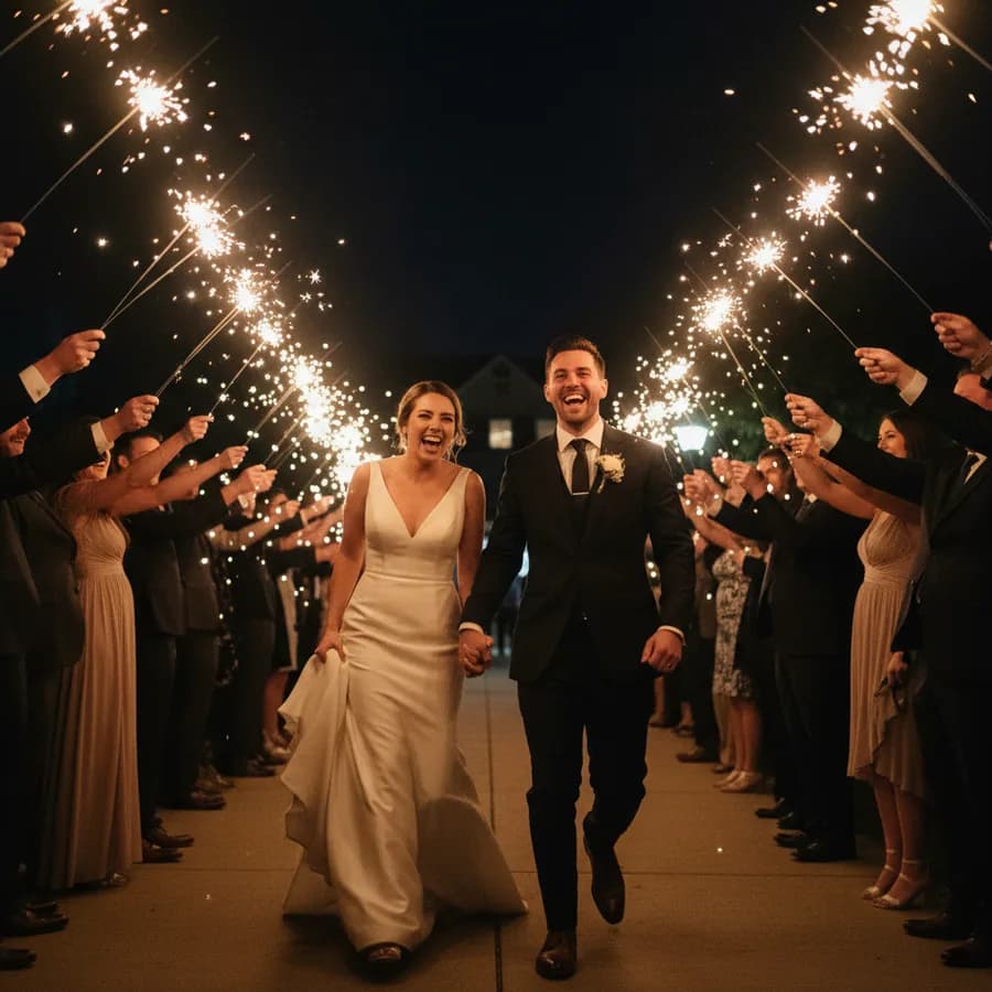 Sparkler Tunnel Exit — Guests form two lines holding sparklers creating a tunnel of light. Couple runs through the middle holding hands, laughing, surrounded by sparks. Nighttime shot with sparklers as the primary light source.